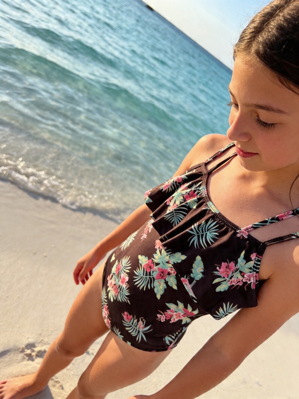 Girls Black Floral One-Piece Swimsuit with Double Straps